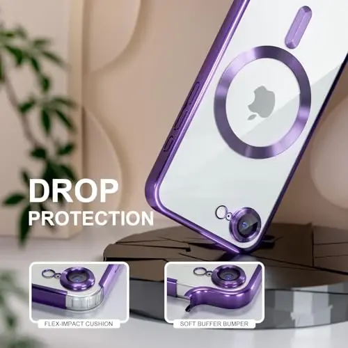 Misea Magnetic iPhone 16e uchun g'ilof MagSafe bilan mos [Hech qachon sarg'aymaydi] [Harbiy darajadagi tushishdan himoya] To'liq kamera linzalari himoyasi Ayollar uchun yumshoq tiniq telefon g'ilofi 6,1 dyuym, to'q binafsha - 4