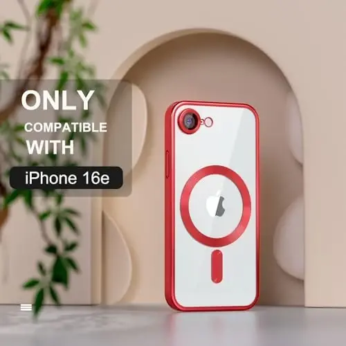 Misea Magnetic iPhone 16e uchun gʻilof MagSafe bilan mos [Hech qachon sargʻaymaydi] [Harbiy darajadagi tushishdan himoya] Toʻliq kamera linzalari himoyasi Plitalangan yumshoq shaffof telefon gʻilofi ayollar uchun 6,1 dyuym, qizil - MISEA (1)