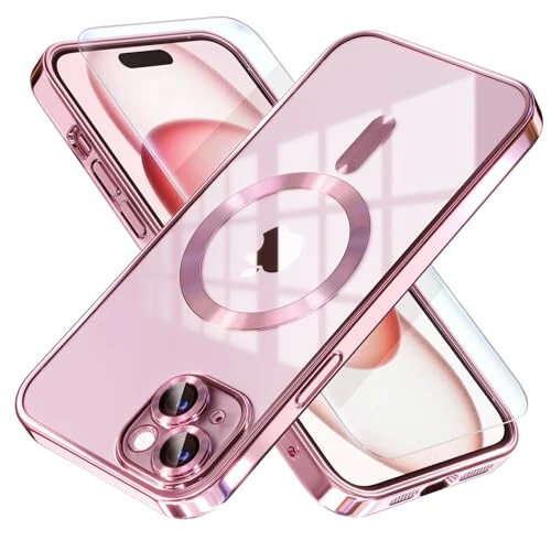 Misea Magnitli iPhone 15 Plus Uchun Mo‘ljallangan Qo'lqop, MagSafe bilan Mos [Hech Qachon Sariklamagan] [Harbiy Darajadagi Tushishdan Himoya] To'liq Kamera Linzasi Himoyachi Qoplamasi Yumshoq Shaffof Telefon Qo'lqopi Ayollar va Qizlar Uchun, Pushti - Misea