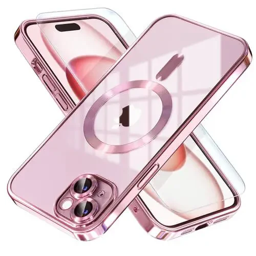 Misea Magnitli iPhone 15 Plus Uchun Mo‘ljallangan Qo'lqop, MagSafe bilan Mos [Hech Qachon Sariklamagan] [Harbiy Darajadagi Tushishdan Himoya] To'liq Kamera Linzasi Himoyachi Qoplamasi Yumshoq Shaffof Telefon Qo'lqopi Ayollar va Qizlar Uchun, Pushti - 1