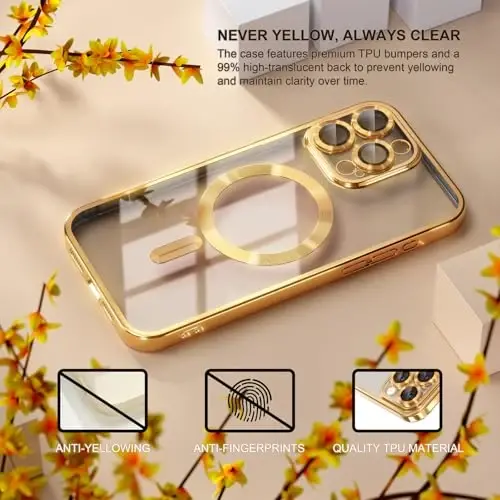 Misea MagSafe bilan iPhone 15 Pro Max uchun magnitli qopqoq [Hech qachon sarg'aymaydi] [Harbiy sinf tushirishdan himoya qilish] To'liq kamera linzalarini himoya qilish qoplamasi Yumshoq shaffof telefon qopqog'i ayollar va qizlar uchun, Oltin - 3