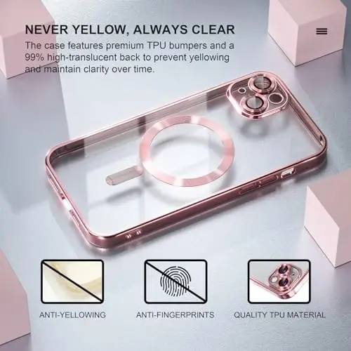 Misea Magnetic for iPhone 14 Plus Case Compatible with MagSafe Pink | [Never Yellowing] [Military Drop Protection] Full Camera Lens Protector Plating Soft Clear Phone Case for Women, Pink - 3