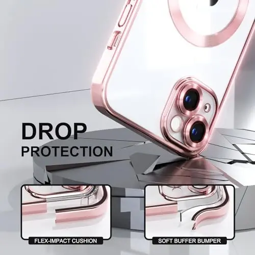 Misea Magnetic for iPhone 14 Plus Case Compatible with MagSafe Pink | [Never Yellowing] [Military Drop Protection] Full Camera Lens Protector Plating Soft Clear Phone Case for Women, Pink - 4