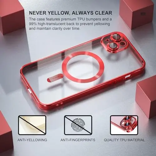 Misea Magnetic for iPhone 15 Plus Case Compatible with MagSafe [Never Yellowing] [Military Grade Drop Protection] Full Camera Lens Protector Plating Soft Clear Phone Case for Women, Red - 3