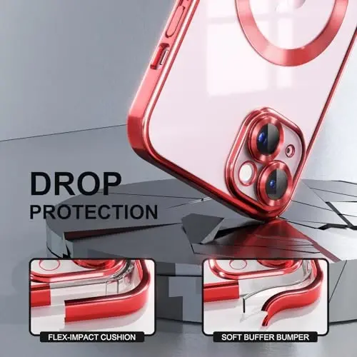 Misea Magnetic for iPhone 15 Plus Case Compatible with MagSafe [Never Yellowing] [Military Grade Drop Protection] Full Camera Lens Protector Plating Soft Clear Phone Case for Women, Red - 4