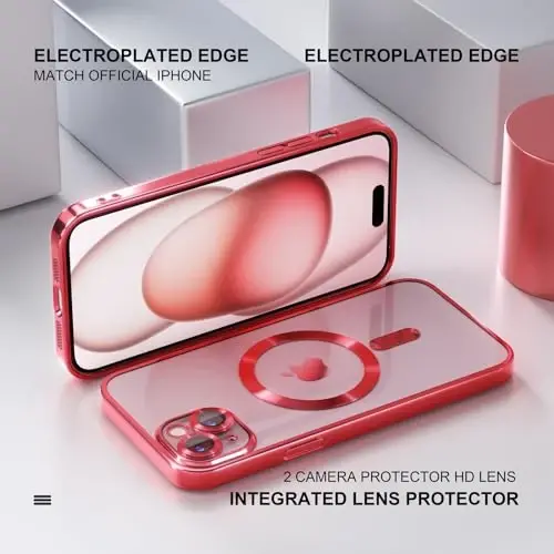 Misea Magnetic for iPhone 15 Plus Case Compatible with MagSafe [Never Yellowing] [Military Grade Drop Protection] Full Camera Lens Protector Plating Soft Clear Phone Case for Women, Red - 6