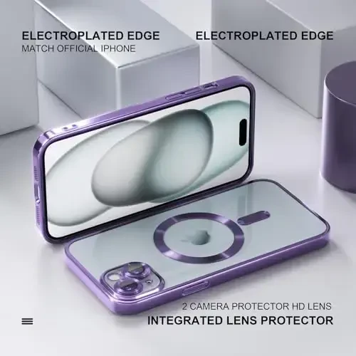 Misea Magnetic for iPhone 15 Plus Case Compatible with MagSafe [Never Yellowing] [Military Grade Drop Protection] Full Camera Lens Protector Plating Soft Clear Phone Case for Women, Purple - 6