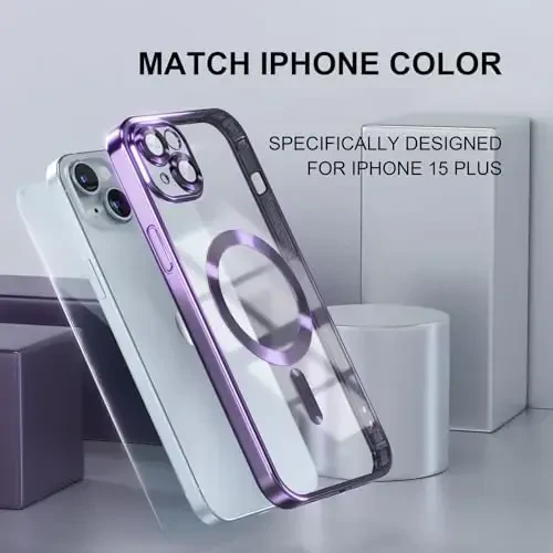 Misea Magnetic for iPhone 15 Plus Case Compatible with MagSafe [Never Yellowing] [Military Grade Drop Protection] Full Camera Lens Protector Plating Soft Clear Phone Case for Women, Purple - 7