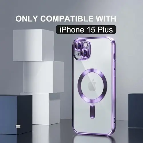 Misea Magnetic for iPhone 15 Plus Case Compatible with MagSafe [Never Yellowing] [Military Grade Drop Protection] Full Camera Lens Protector Plating Soft Clear Phone Case for Women, Purple - 2