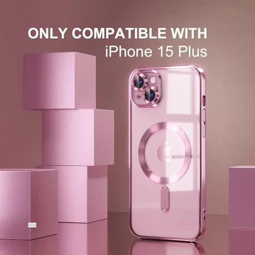 Misea Magnetic for iPhone 15 Plus Case Compatible with MagSafe [Never Yellowing] [Military Grade Drop Protection] Full Camera Lens Protector Plating Soft Clear Phone Case for Women, Pink - 2
