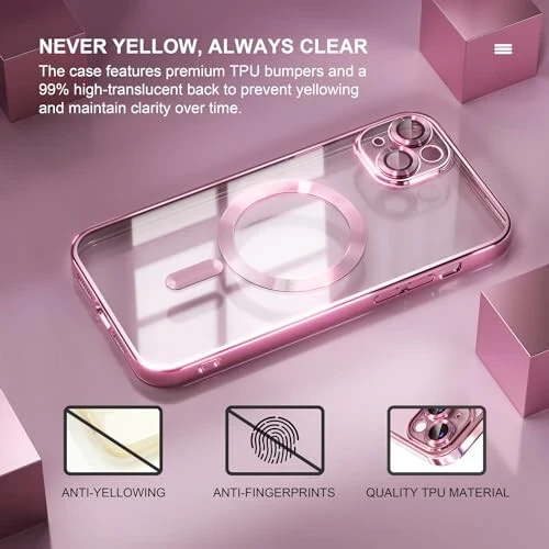Misea Magnetic for iPhone 15 Plus Case Compatible with MagSafe [Never Yellowing] [Military Grade Drop Protection] Full Camera Lens Protector Plating Soft Clear Phone Case for Women, Pink - 3