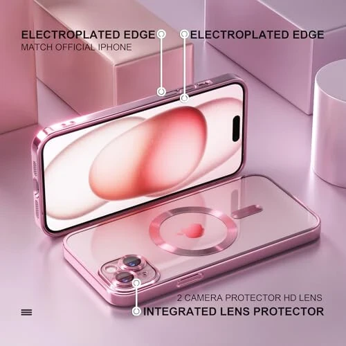 Misea Magnetic for iPhone 15 Plus Case Compatible with MagSafe [Never Yellowing] [Military Grade Drop Protection] Full Camera Lens Protector Plating Soft Clear Phone Case for Women, Pink - 6