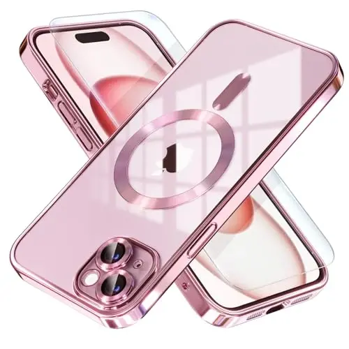 Misea Magnetic for iPhone 15 Plus Case Compatible with MagSafe [Never Yellowing] [Military Grade Drop Protection] Full Camera Lens Protector Plating Soft Clear Phone Case for Women, Pink - 1
