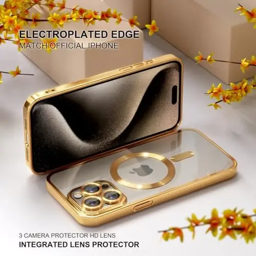 Misea Magnetic for iPhone 15 Pro Max Case Compatible with MagSafe Gold | [Never Yellowing] [Military Drop Protection] Full Camera Lens Protector Plating Soft Clear Phone Case for Women, Gold 
