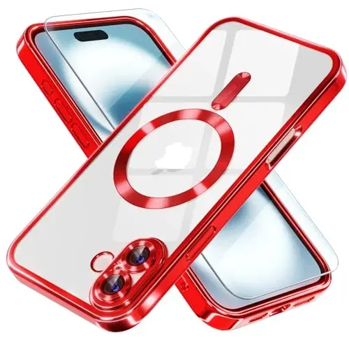 Misea Magnetic for iPhone 16 Case Compatible with MagSafe [Never Yellowing] [Military Grade Drop Protection] Full Camera Lens Protector Plating Soft Clear Phone Case for Women 6.1 inch, Red 