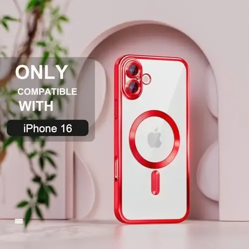 Misea Magnetic for iPhone 16 Case Compatible with MagSafe [Never Yellowing] [Military Grade Drop Protection] Full Camera Lens Protector Plating Soft Clear Phone Case for Women 6.1 inch, Red - 2