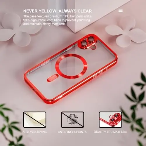 Misea Magnetic for iPhone 16 Case Compatible with MagSafe [Never Yellowing] [Military Grade Drop Protection] Full Camera Lens Protector Plating Soft Clear Phone Case for Women 6.1 inch, Red - 3