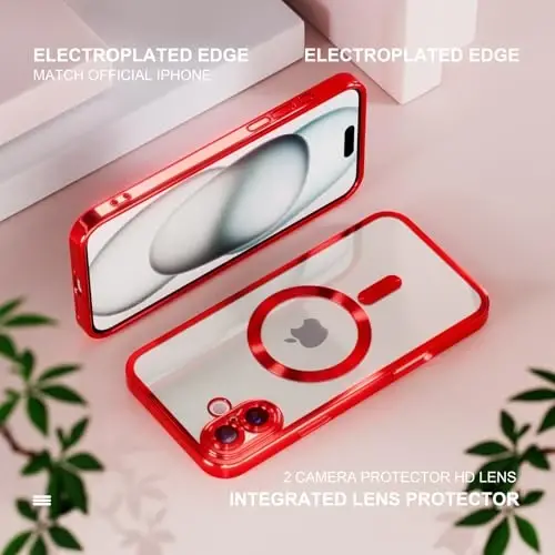 Misea Magnetic for iPhone 16 Case Compatible with MagSafe [Never Yellowing] [Military Grade Drop Protection] Full Camera Lens Protector Plating Soft Clear Phone Case for Women 6.1 inch, Red - 6
