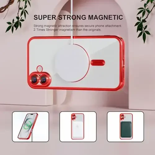Misea Magnetic for iPhone 16 Case Compatible with MagSafe [Never Yellowing] [Military Grade Drop Protection] Full Camera Lens Protector Plating Soft Clear Phone Case for Women 6.1 inch, Red - 5