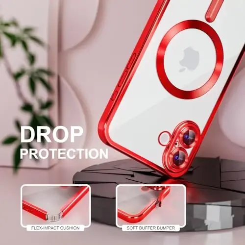 Misea Magnetic for iPhone 16 Case Compatible with MagSafe Red | [Never Yellowing] [Military Drop Protection] Full Camera Lens Protector Plating Soft Clear Phone Case for Women, Red - 4