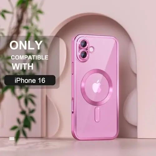 Misea Magnetic for iPhone 16 Case Compatible with MagSafe [Never Yellowing] [Military Grade Drop Protection] Full Camera Lens Protector Plating Soft Clear Phone Case for Women 6.1 inch, Hot Pink - MISEA (1)