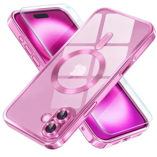 Misea Magnetic for iPhone 16 Plus Case Compatible with MagSafe [Never Yellowing] [Military Grade Drop Protection] Full Camera Lens Protector Plating Soft Clear Phone Case for Women 6.7 inch, Hot Pink - 1
