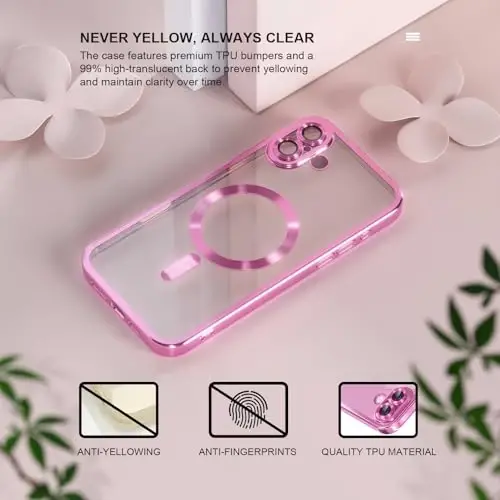 Misea Magnetic for iPhone 16 Plus Case Compatible with MagSafe [Never Yellowing] [Military Grade Drop Protection] Full Camera Lens Protector Plating Soft Clear Phone Case for Women 6.7 inch, Hot Pink - 3