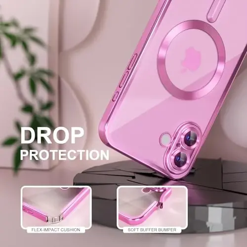 Misea Magnetic for iPhone 16 Plus Case Compatible with MagSafe [Never Yellowing] [Military Grade Drop Protection] Full Camera Lens Protector Plating Soft Clear Phone Case for Women 6.7 inch, Hot Pink - 4