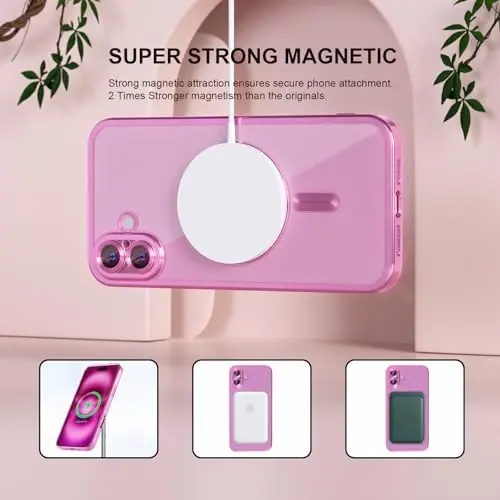 Misea Magnetic for iPhone 16 Plus Case Compatible with MagSafe [Never Yellowing] [Military Grade Drop Protection] Full Camera Lens Protector Plating Soft Clear Phone Case for Women 6.7 inch, Hot Pink - 5