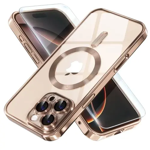 Misea Magnetic for iPhone 16 Pro Case Compatible with MagSafe | [Never Yellowing] [Military Drop Protection] Full Camera Lens Protector Plating Soft Clear Phone Case for Women, Desert 