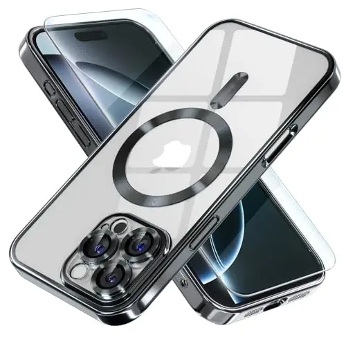 Misea Magnetic for iPhone 16 Pro Case Compatible with MagSafe Black | [Never Yellowing] [Military Drop Protection] Full Camera Lens Protector Plating Soft Clear Phone Case for Women, Black 