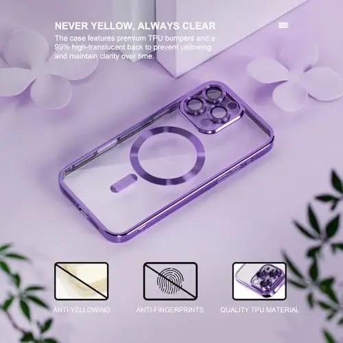 Misea Magnetic for iPhone 16 Pro Max Case Compatible with MagSafe | [Never Yellowing] [Military Drop Protection] Full Camera Lens Protector Plating Soft Clear Phone Case for Women, Deep Purple - 3