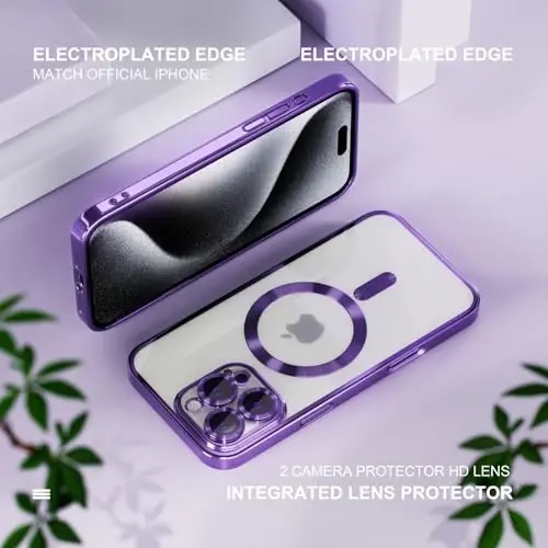 Misea Magnetic for iPhone 16 Pro Max Case Compatible with MagSafe | [Never Yellowing] [Military Drop Protection] Full Camera Lens Protector Plating Soft Clear Phone Case for Women, Deep Purple - 6