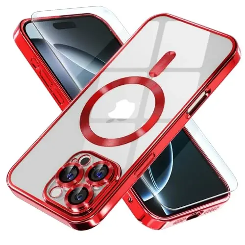 Misea Magnetic for iPhone 16 Pro Max Case Compatible with MagSafe Red | [Never Yellowing] [Military Drop Protection] Full Camera Lens Protector Plating Soft Clear Phone Case for Women, Red 