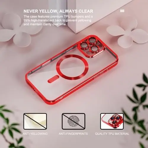 Misea Magnetic for iPhone 16 Pro Max Case Compatible with MagSafe Red | [Never Yellowing] [Military Drop Protection] Full Camera Lens Protector Plating Soft Clear Phone Case for Women, Red - 3
