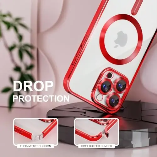 Misea Magnetic for iPhone 16 Pro Max Case Compatible with MagSafe Red | [Never Yellowing] [Military Drop Protection] Full Camera Lens Protector Plating Soft Clear Phone Case for Women, Red - 4