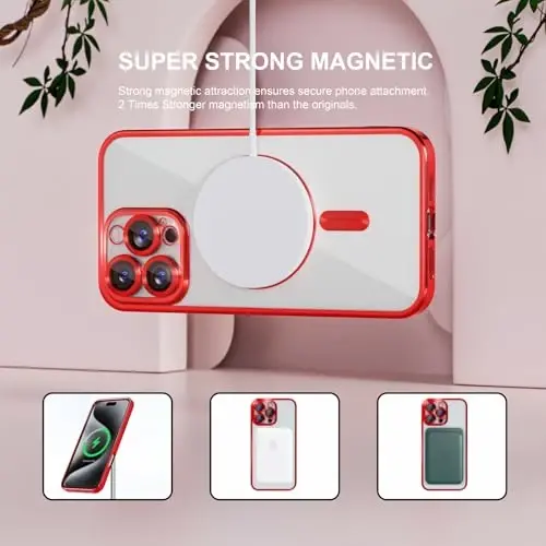 Misea Magnetic for iPhone 16 Pro Max Case Compatible with MagSafe Red | [Never Yellowing] [Military Drop Protection] Full Camera Lens Protector Plating Soft Clear Phone Case for Women, Red - 5