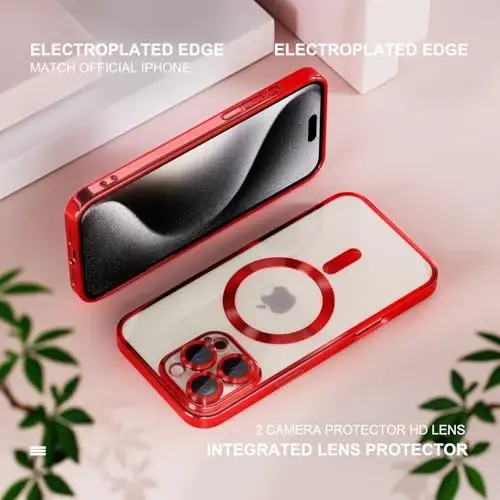 Misea Magnetic for iPhone 16 Pro Max Case Compatible with MagSafe Red | [Never Yellowing] [Military Drop Protection] Full Camera Lens Protector Plating Soft Clear Phone Case for Women, Red - 6