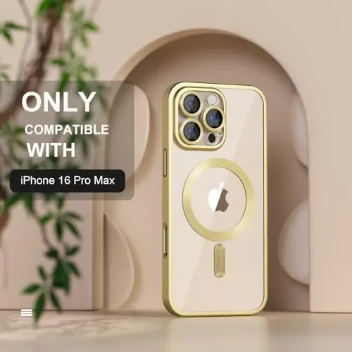 Misea Magnetic for iPhone 16 Pro Max Case Compatible with MagSafe | Never Yellowing, Military Drop Protection, Full Camera Lens Protector Plating Soft Clear Phone Case Women, Titanium Gold - 2