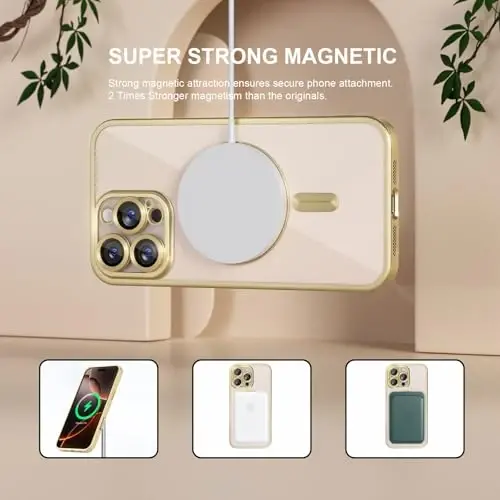 Misea Magnetic for iPhone 16 Pro Max Case Compatible with MagSafe | Never Yellowing, Military Drop Protection, Full Camera Lens Protector Plating Soft Clear Phone Case Women, Titanium Gold - 5