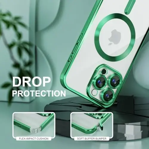 Misea Magnetic for iPhone 16 Pro Max Case Compatible with MagSafe Green | [Never Yellowing] [Military Drop Protection] Full Camera Lens Protector Plating Soft Clear Phone Case for Women, Green - 4