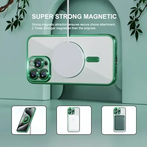Misea Magnetic for iPhone 16 Pro Max Case Compatible with MagSafe Green | [Never Yellowing] [Military Drop Protection] Full Camera Lens Protector Plating Soft Clear Phone Case for Women, Green - 5