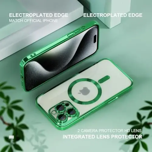 Misea Magnetic for iPhone 16 Pro Max Case Compatible with MagSafe Green | [Never Yellowing] [Military Drop Protection] Full Camera Lens Protector Plating Soft Clear Phone Case for Women, Green - 6