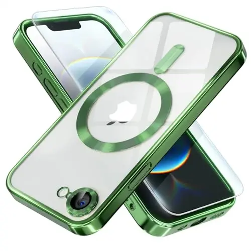 Misea Magnetic for iPhone 16e Case Compatible with MagSafe [Never Yellowing] [Military Grade Drop Protection] Full Camera Lens Protector Plating Soft Clear Phone Case for Women 6.1 inch, Green - 1