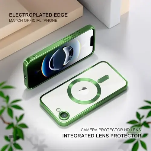 Misea Magnetic for iPhone 16e Case Compatible with MagSafe [Never Yellowing] [Military Grade Drop Protection] Full Camera Lens Protector Plating Soft Clear Phone Case for Women 6.1 inch, Green - 6