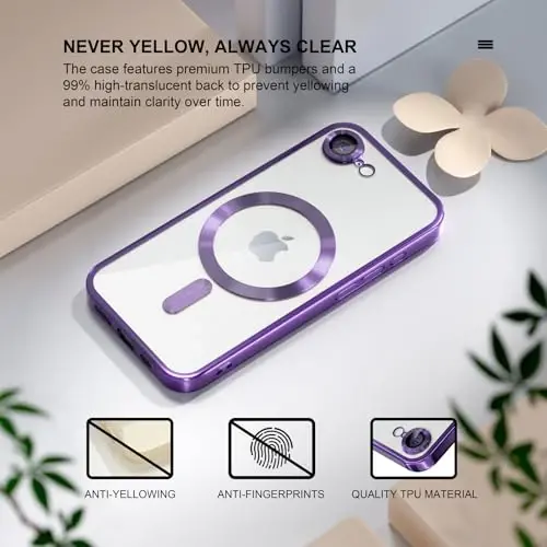 Misea Magnetic for iPhone 16e Case Compatible with MagSafe [Never Yellowing] [Military Grade Drop Protection] Full Camera Lens Protector Plating Soft Clear Phone Case for Women 6.1 inch, Deep Purple - 3