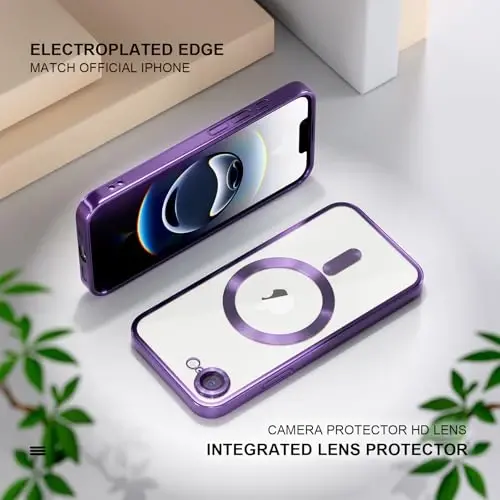 Misea Magnetic for iPhone 16e Case Compatible with MagSafe [Never Yellowing] [Military Grade Drop Protection] Full Camera Lens Protector Plating Soft Clear Phone Case for Women 6.1 inch, Deep Purple - 6
