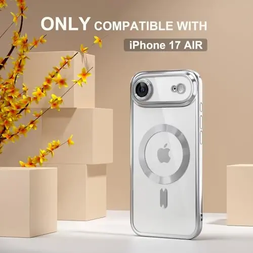 Misea Magnetic for iPhone 17 Air Case Compatible with MagSafe [Never Yellowing] [Military Grade Drop Protection] Full Camera Lens Protector Plating Soft Clear Phone Case for Women, Silver - 2