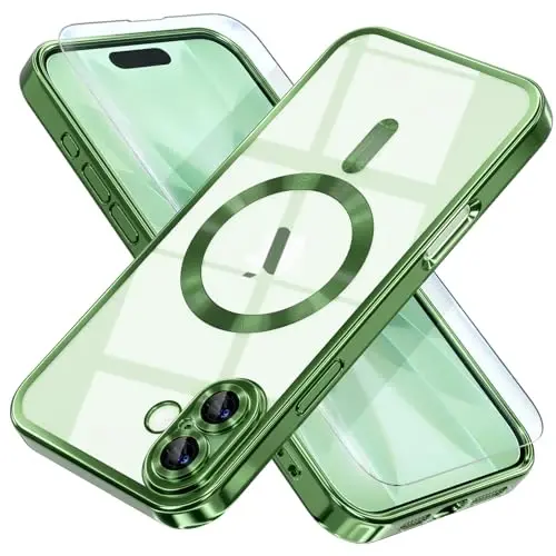 Misea Magnetic for iPhone 17 Case Compatible with MagSafe Green | [Never Yellowing] [Military Drop Protection] Full Camera Lens Protector Plating Soft Clear Phone Case for Women, Green - 1