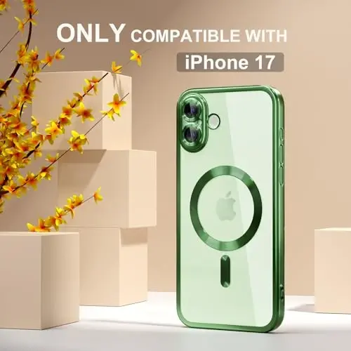 Misea Magnetic for iPhone 17 Case Compatible with MagSafe Green | [Never Yellowing] [Military Drop Protection] Full Camera Lens Protector Plating Soft Clear Phone Case for Women, Green - 2